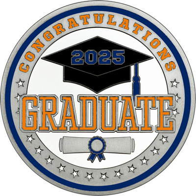 Orange "Congratulations Graduate" with Navy Blue 2025, Rim, Tassel & Ribbon